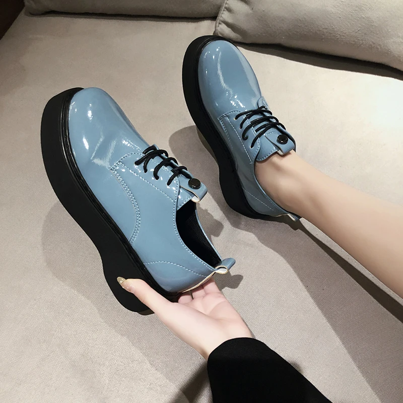 

Womens Derby Shoes Casual Female Sneakers British Style Patent Leather Ballet Flats Clogs Platform Round Toe Ladies' Footwear