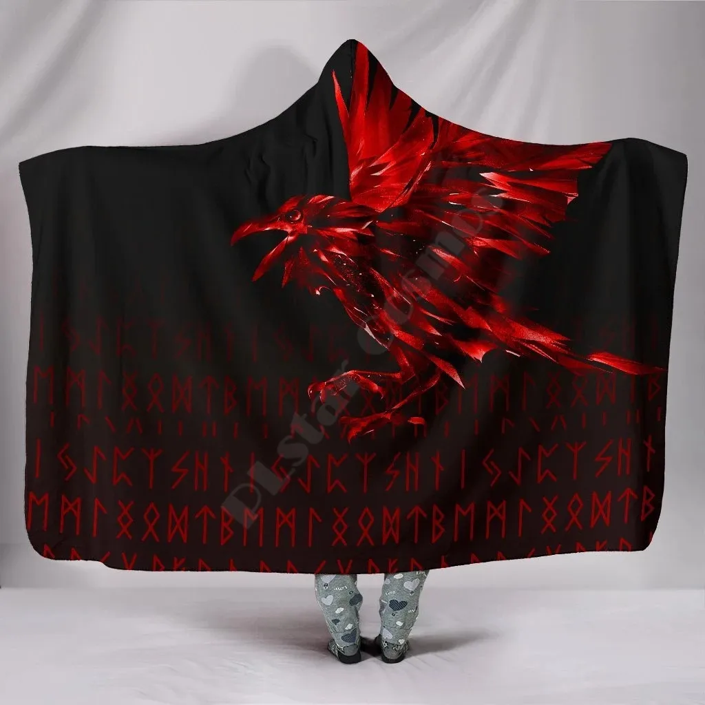 

Viking Hooded Blanket The Raven Of Odin Rune Red 3D Printed Wearable Blanket Adults For Kids Hooded Blanket Fleece blanket