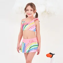 Детский купальник для девочек, детское бикини, детский красивый купальник с воланом на одно плечо в горошек, женский пляжный костюм