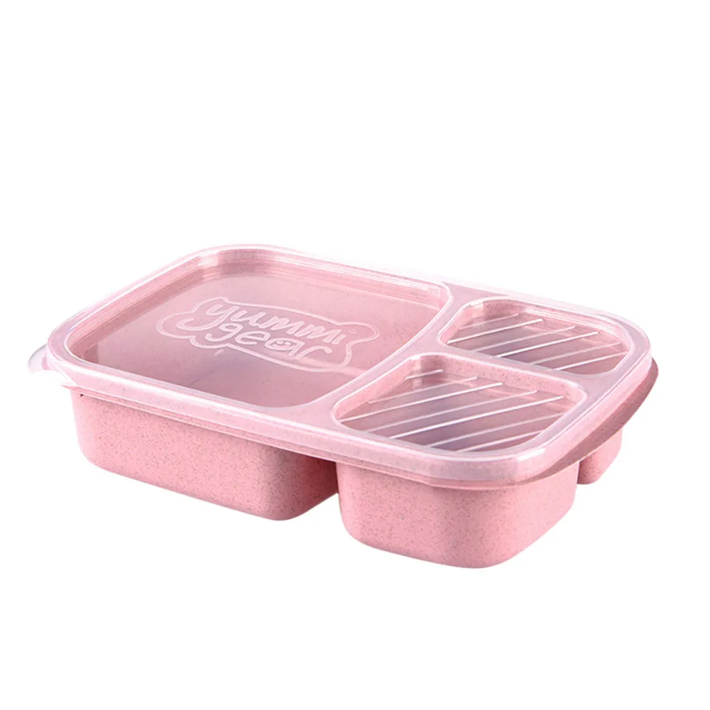 Ланч-бокс для пикника, пшеничная солома, бенто, 3 отсека, контейнер для еды, контейнер для еды, кухонная посуда, переносная коробка для еды#45 - Цвет: Pink