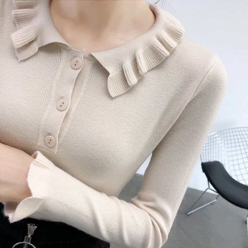 2019 Women Flare Sleeve Ruffles Sweaters Winter elastic Slim Ladies knit Soft Pullovers female Tops fashion jumpers cardigan for women
