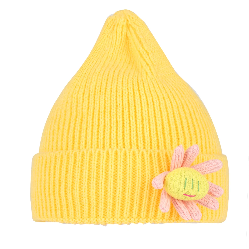Зимние вязаные шапки для малышей от 3 до 12 месяцев, однотонные вязаные шапки для девочек с рисунком подсолнуха, мягкий теплый детский чепчик, Кепка - Цвет: Цвет: желтый