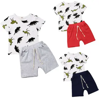 

2pcs Cartoon Dinosaur Infant Toddler Kids Baby Boys Short Sleeve Tops Cotton T-shirt + Shorts Summer Casual Outfit Set 1--Y