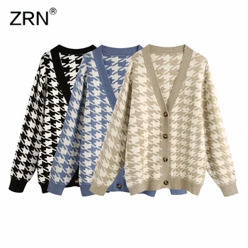 

Women 2020 Fashion Vintage V neck Houndstooth Sweater Cardigans Long Sleeve Loose Knit Jackets Elegants Cardigans Female Outwear