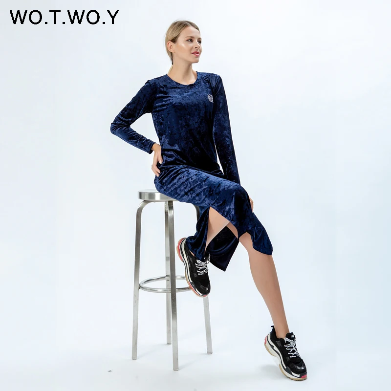 Женское платье с цветочной вышивкой WOTWOY Осеннее бархатное макси длинным рукавом