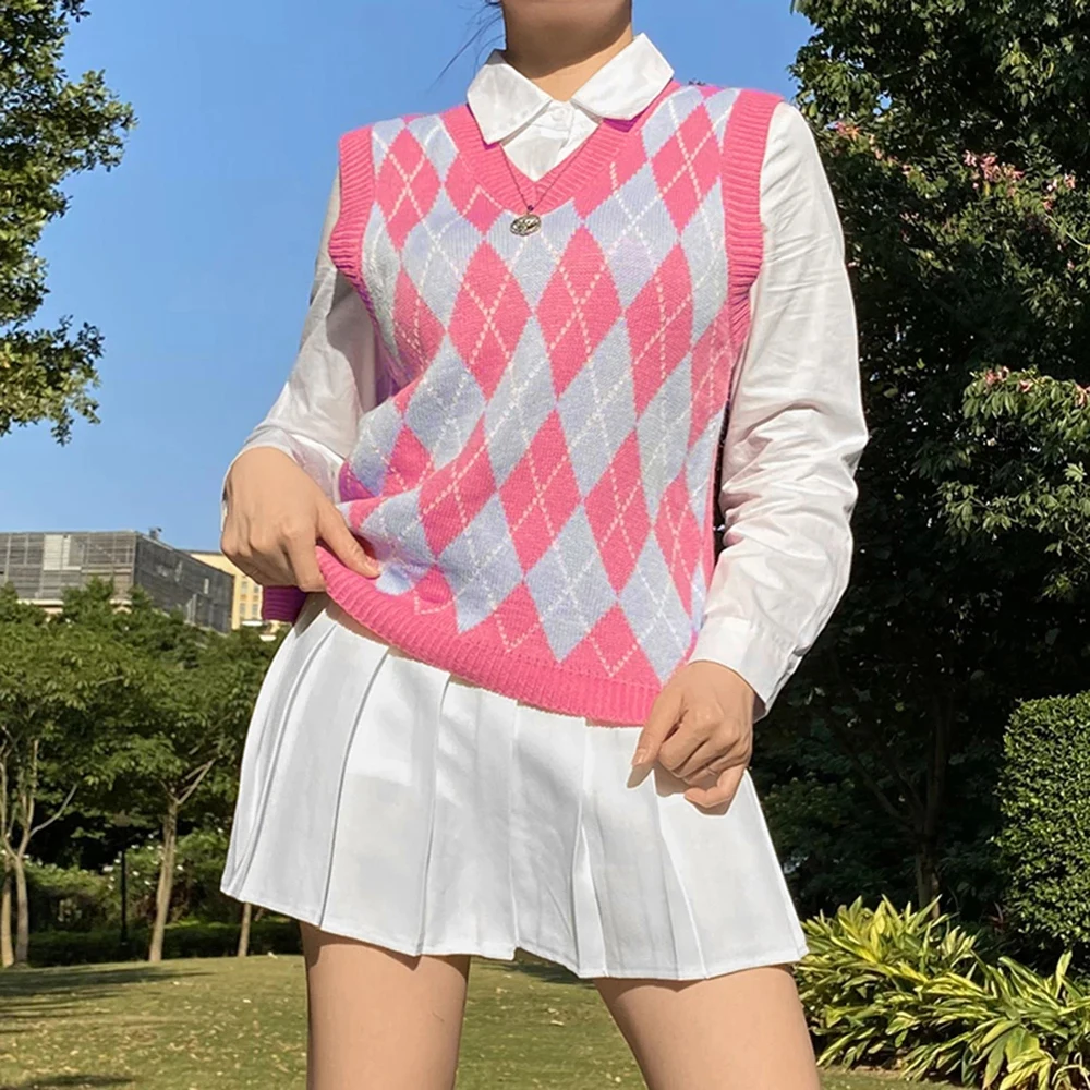 Kawaii Pink Argyle Sweater Vest Women V 