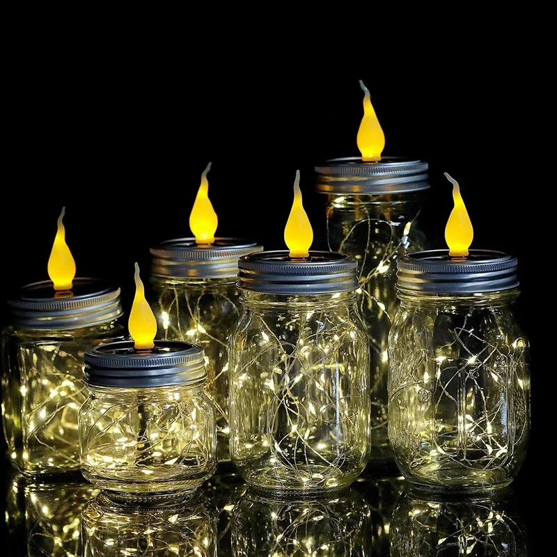 6 шт. в упаковке, солнечные лампочки Mason Jar с ручками для свечей и пламени, 20 светодиодных гирлянд, сказочные светлячки, крышки, вставки для обычного Mou