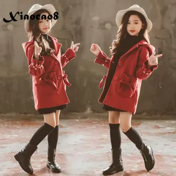 

Girls woolen hooded coat jackets kids winter autumn solid jackets for girls pearl sleeve pocket casual coats children outwear