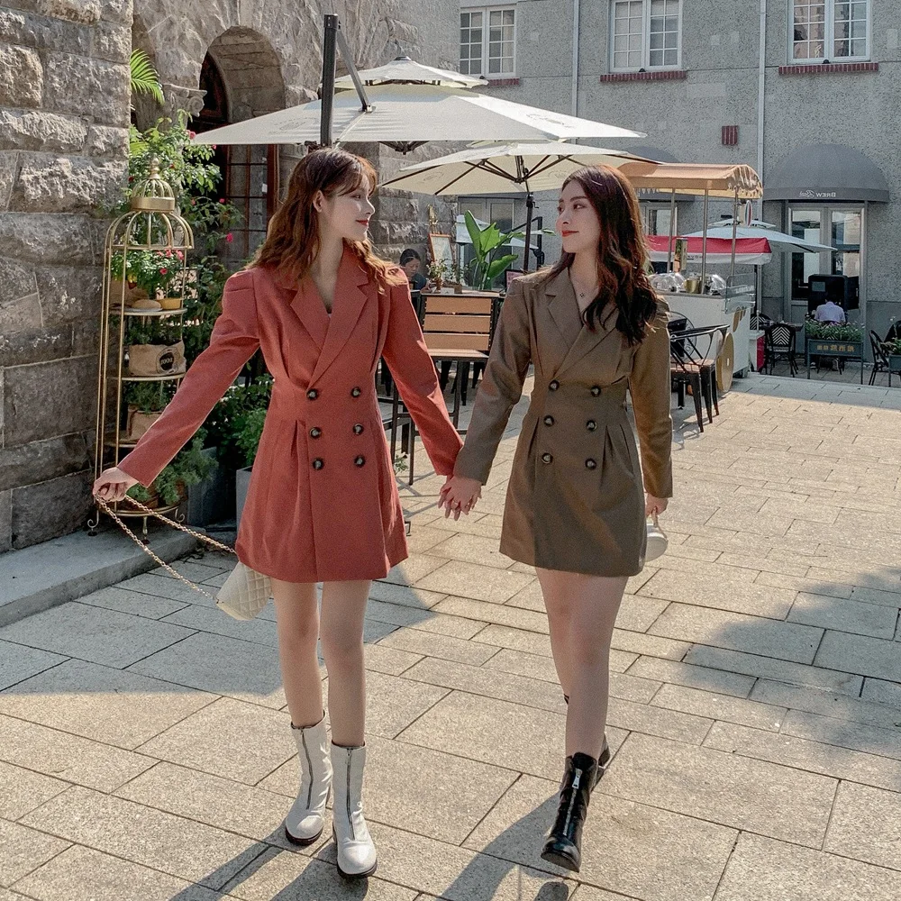 

Photo Shoot CHIC Fashionable Suit Skirt 2019 Autumn New Style WOMEN'S Dress Retro Double Breasted Mid-length Waist Hugging Dress