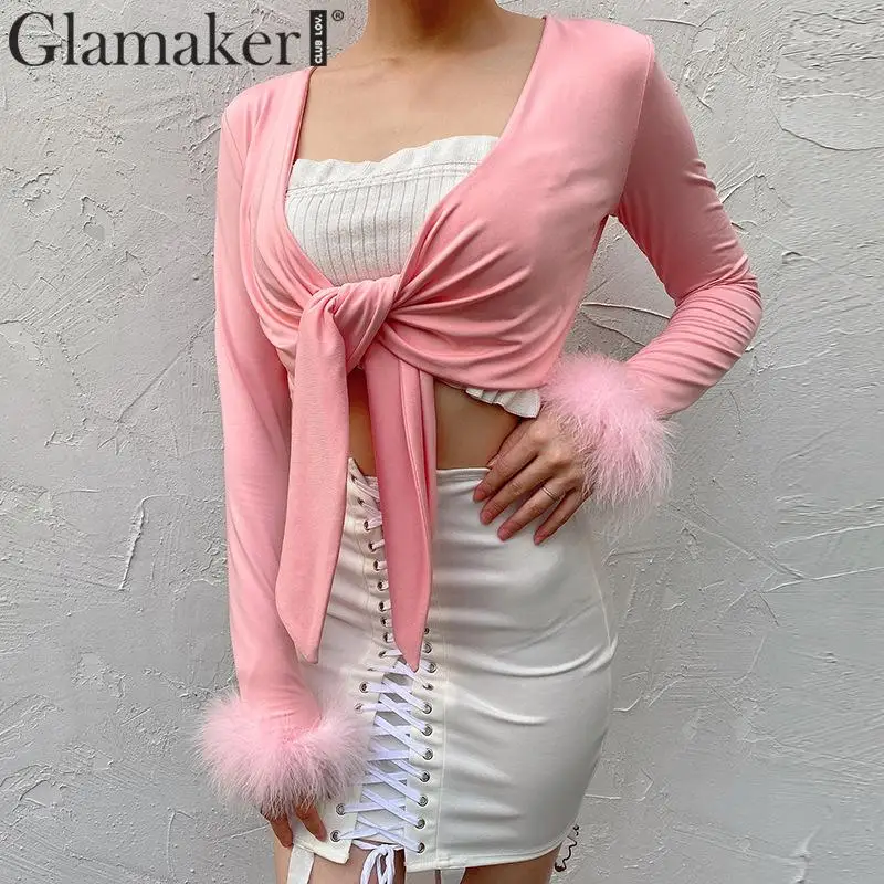 Glamaker, розовая, с узелком, с рукавом, с перьями, короткая, женская блузка, бандаж, модная, облегающая блузка, рубашка, весенняя, сексуальная, Клубная рубашка