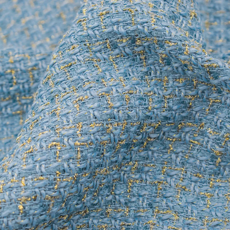 Blue Gold Wire Plaid Weave Tweed Fabric For Coat Skirt Tissus Au Mètre Telas Por Metro Tкань для шитья Tissu Sewing Tela Tecido
