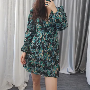 

Women Dress 2019 Autumn and Winter V-neck Tulle Printed Slim Ladies Long-sleeved Dress