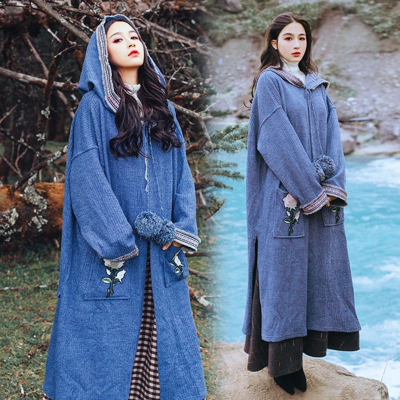 

Maxi Long Women Winter Capes with Hoods 2020 Spring Plus Size Loose Full Sleeve Blue Open Stitch Cloak Female X-Long Poncho Cape