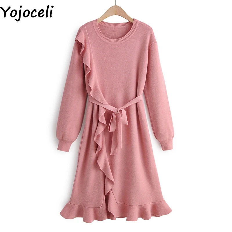 Yojoceli, Элегантное трикотажное женское платье с оборками, Осеннее, розовое, короткое, базовое, теплое, зимнее, повседневное, крутое, сексуальное платье, vestidos