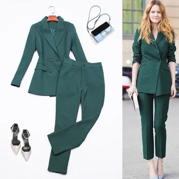 

Work Pant Suits For Women Office Business Ladies Elegant Double Breasted Blazer Jacket Trousers Set Green Stylish Casual Outfits