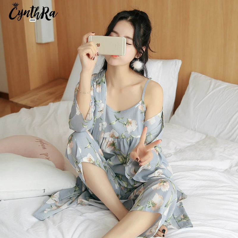 CYNTHRA 3Pcs  New Ladies Pajama Set Man-made Silk Sleepwear  Set Long Sleeve Printed Nightclothes Women Breathable Homewear Top
