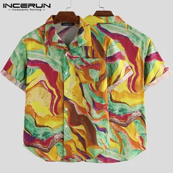 

INCERUN Fashion Men Retro Abstract Colourful Printed Lapel Shirts Street Joker Cotton Short Sleeve Mens Casual Hawaiian Blouse