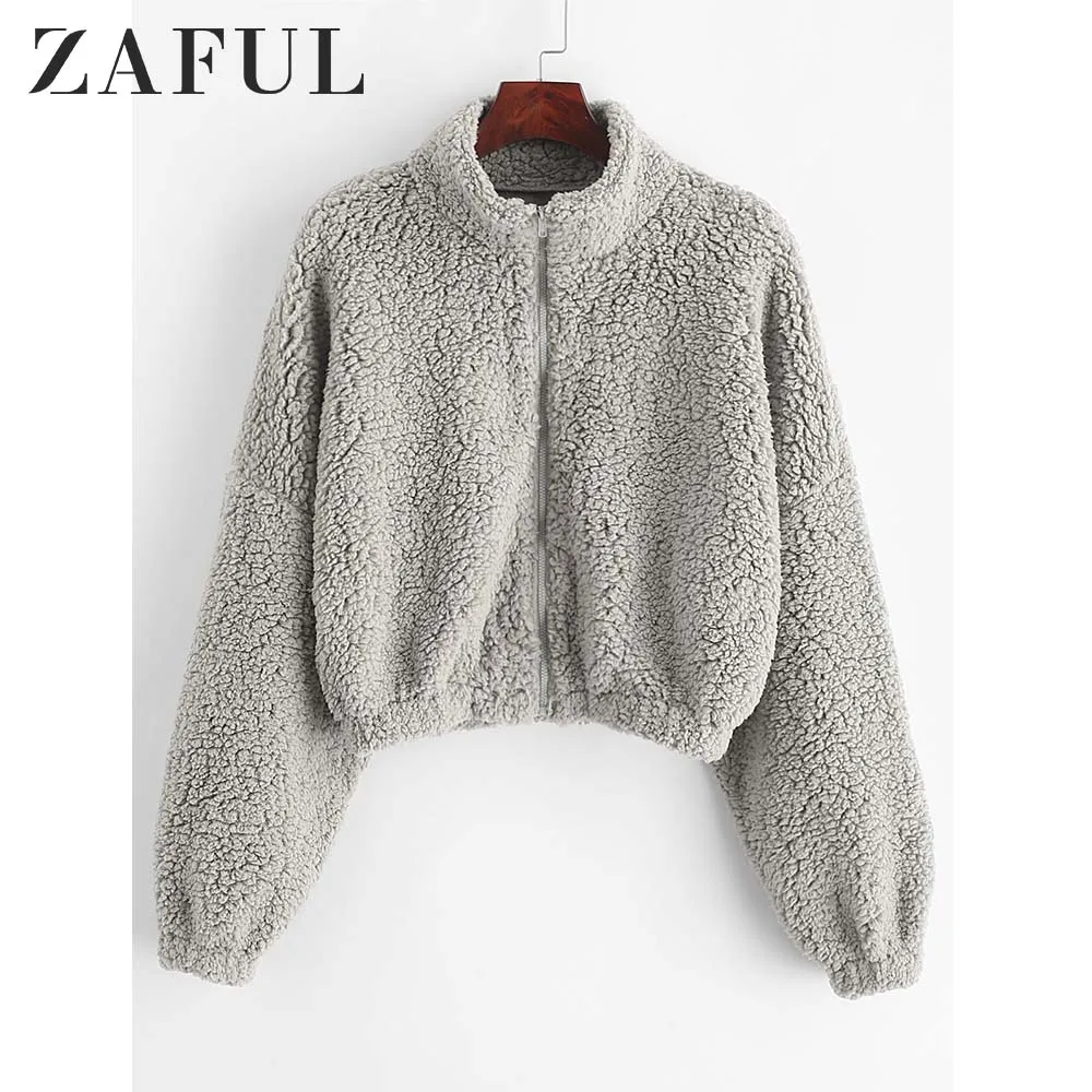 discounted ZAFUL Drop Shoulder Zip Up Teddy Coat Women Zipper Faux Fur Coat Stand-Up Collar Long Sleeve Fleece