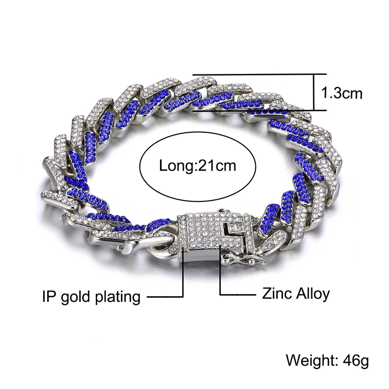 silver and blue D&Z, хип-хоп, 8 цветов, со льдом, побрякушки, CZ, кубинские звенья, цепочка, браслет для мужчин, зубец, Майями, звено, очаровательный браслет - Окраска металла: silver and blue