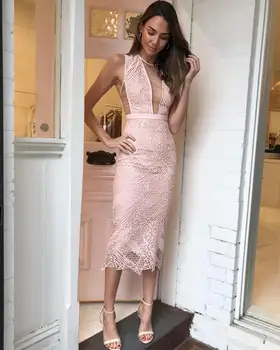 

Newest Summer Sexy V Neck Mesh Lace Knee Length Bandage Dress 2020 Designer Bodycon Evening Party Dress Vestido