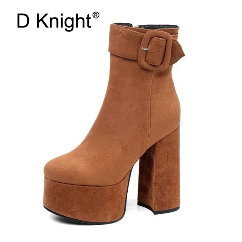 

D Knight 2020 Women New Fashion Ankle Boots Square High Heel Round Toe Zipper Design Platform Women Motorcycle Boots Size 34-43