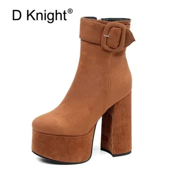 

D Knight 2020 Women New Fashion Ankle Boots Square High Heel Round Toe Zipper Design Platform Women Motorcycle Boots Size 34-43