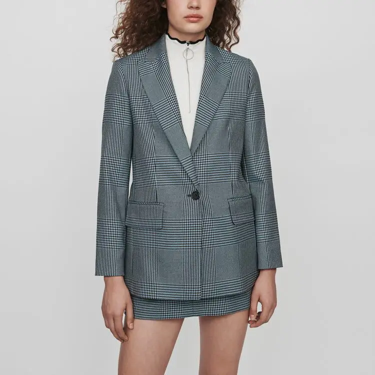 

2019 Grid Grain One Buckle Fork Small Suit Coat Girl Notched Single Button Plaid Women Jackets and Coats Suit Women