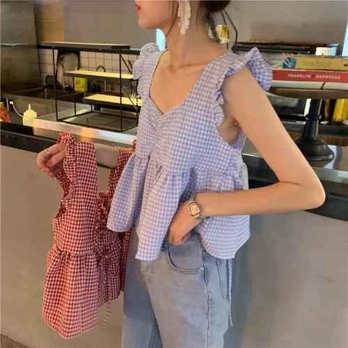 off shoulder high quality fashion brand Tanks loose ruffles plaid sweet new summer Korean style ladies tops Women's Clothing - Цвет: Синий