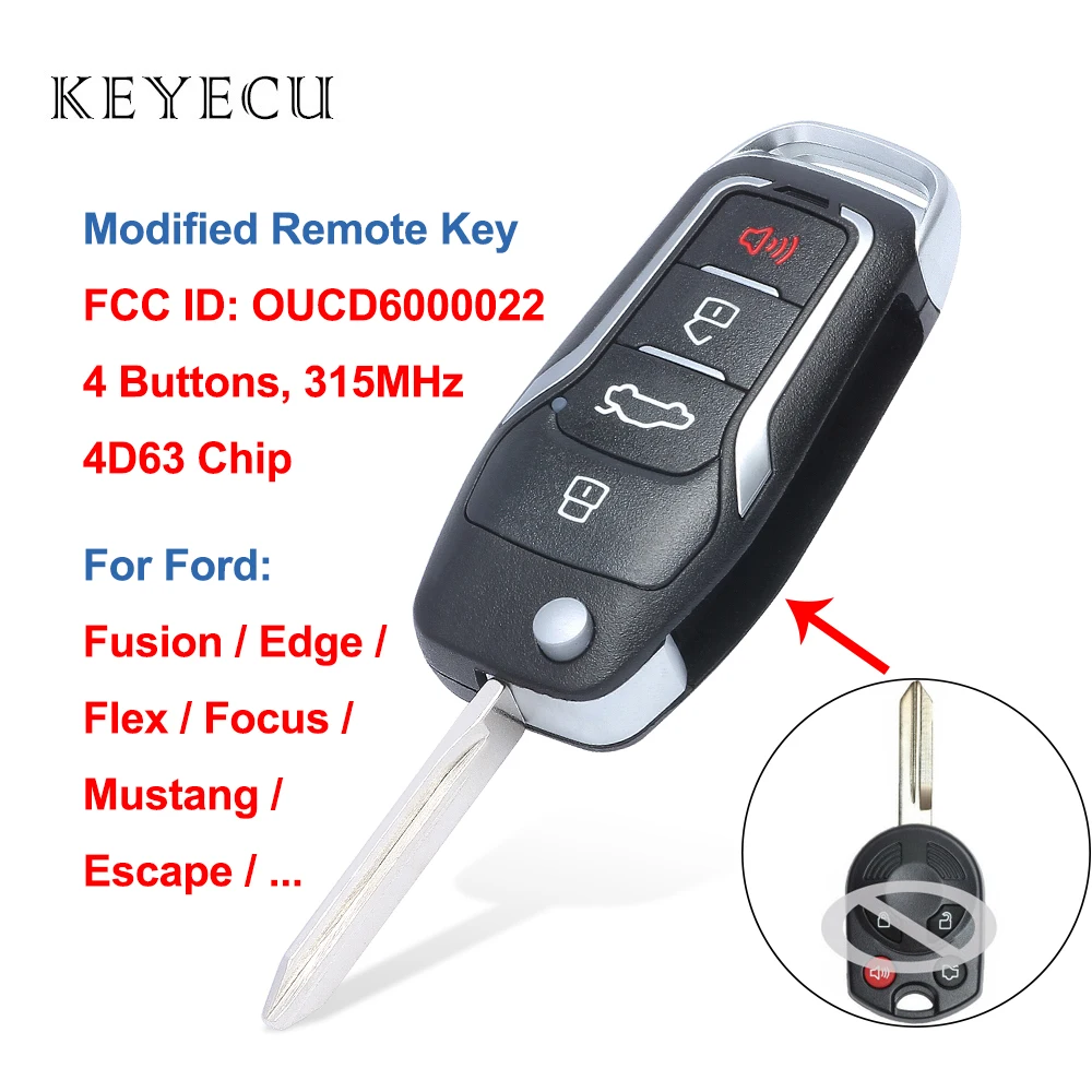 Keyecu Modified Flip Remote Key Fob 4 Buttons 315mhz 4D63 for Ford Focus Fusion Edge Escape Mustang FCC ID: OUCD6000022 | Автомобили и
