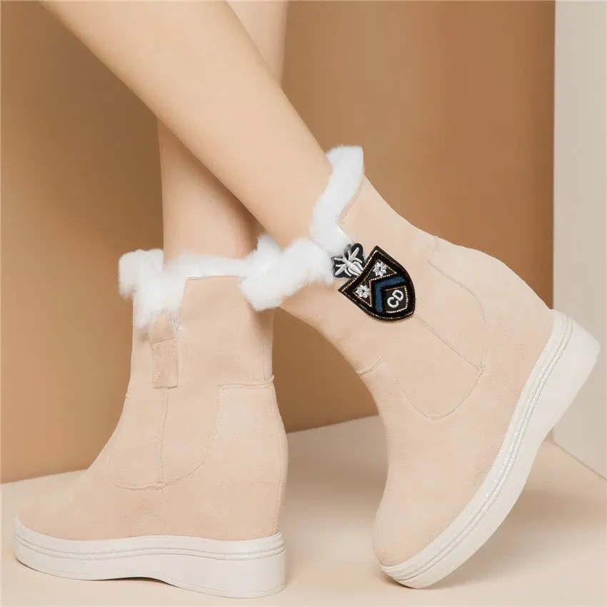 Punk Goth Trainers Women Cow Leather Wedges High Heel Snow Boots Rabbit Fur Platform Pumps High Top Winter Warm Fashion Sneakers