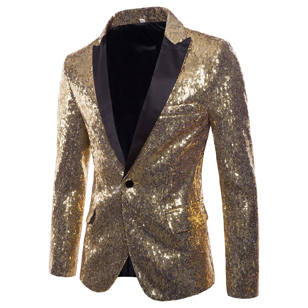 Очаровательный мужской повседневный блейзер с золотыми блестками на одной пуговице, приталенные вечерние костюмы, верхняя куртка, костюм для выступлений, верхняя одежда с отворотом, пальто# S