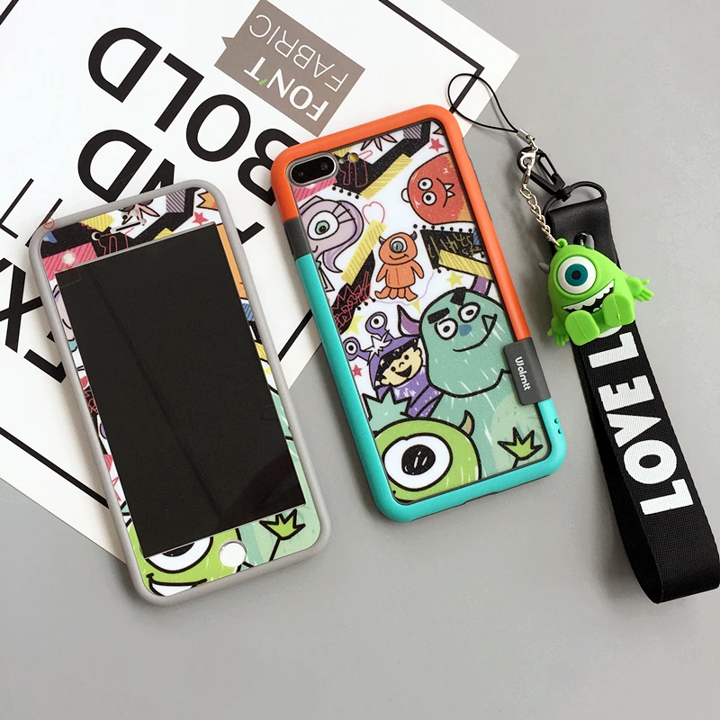 Для iphone 11 pro Max monsters закаленное стекло flim+ мягкий бампер для iphone X XS max XR 7plus 6 6S 8plus Sullivan майка+ игрушка+ ремень - Цвет: as picture