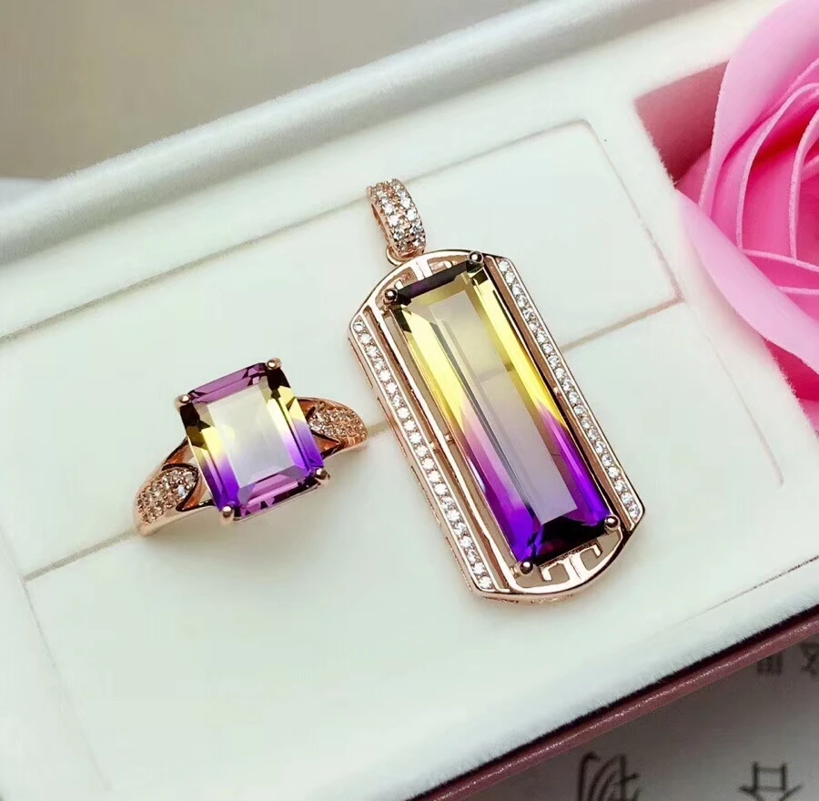 

MeiBaPJ Natural Ametrine 925 Pure Silver Suit Necklace and Rings Fine Jewelry Set