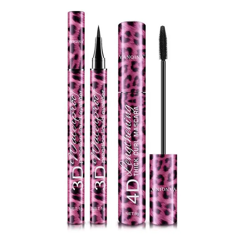 Professional 2 in 1 Eye Makeup Set Eye liner with Leopard Black Liquid Eyeliner Waterproof Curling Tool