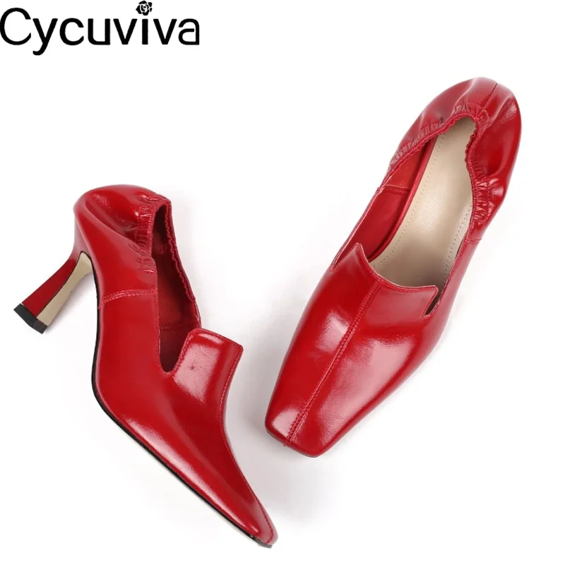Concise Red Leather Women Pumps Sexy Kitten High Heels Square Toe Party Shoes Femme Runway Wedding Formal Office Shoes Woman