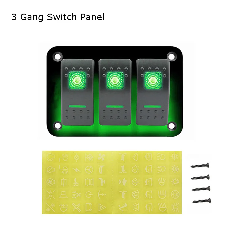 Green Switch 3 Gang Панель переключателя включения-выключения с наклейками, водонепроницаемый светодиодный переключатель для автомобиля, лодки, грузовика, кемпера, аксессуары - Цвет: Green Switch 3 Gang