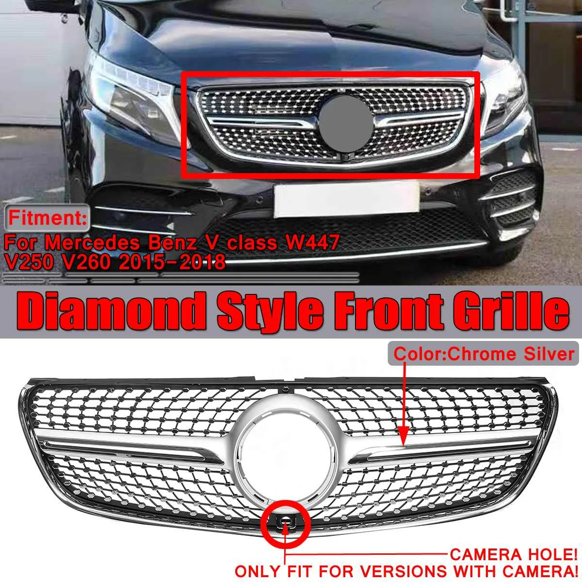 W447 Diamant Grill Mesh Auto Frontgrill Grill Mit Kamera Fur Mercedes Fur Benz V Klasse W447 V250 V260 2015 2016 2017 18 Racing Grills Aliexpress