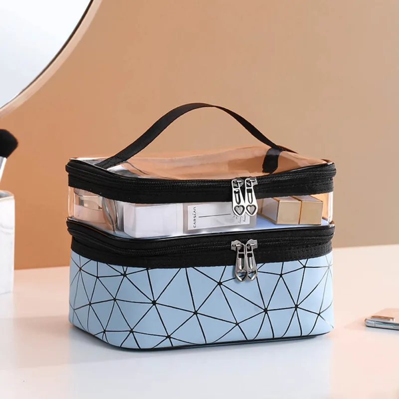 Double-layer Cosmetic Bag Plaid Large Capacity Casual Female Portable Travel Bag TPU Zipper Makeup Bag