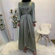 

Eid Satin Abaya Dress Muslim Women Solid Color Wrap Front Long Sleeve Ruffles Long Maxi Dress Summer Dubai Turk Modest Wear
