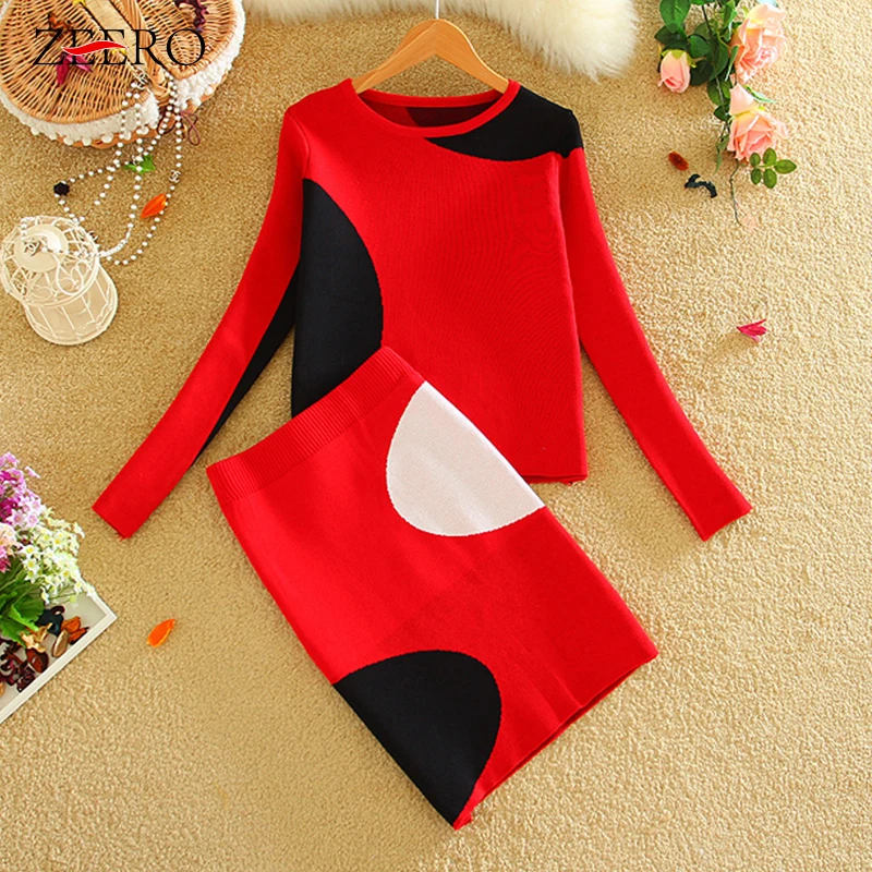

2019 Autumn Winter Women Two Piece Outfits Sweater Set Red Geometric Pattern Ladies Sweater Top + Bodycon Knited Skirt Suit Sets