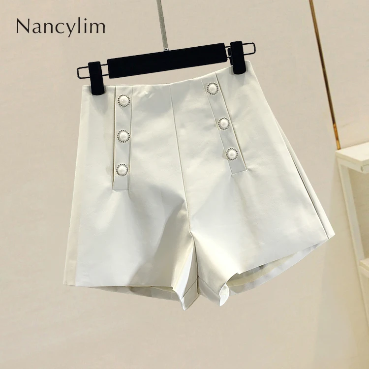 Leather Hot Pants Female PU Leather Pants High Waist Wide Legged Trousers Autumn Winter Drill Button Temperament Boots Pants