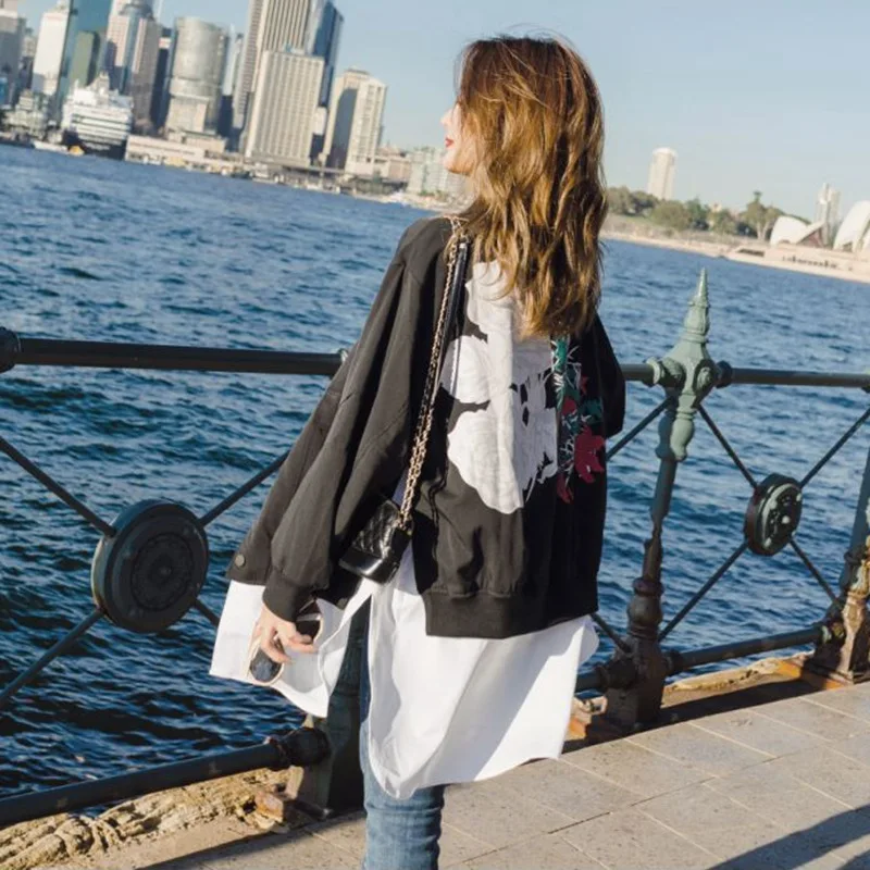 

Photo Shoot Black And White Printed Mock Two-Piece Baseball Uniform Women's CHIC Stand Collar Single Breasted Jacket Loose Casua