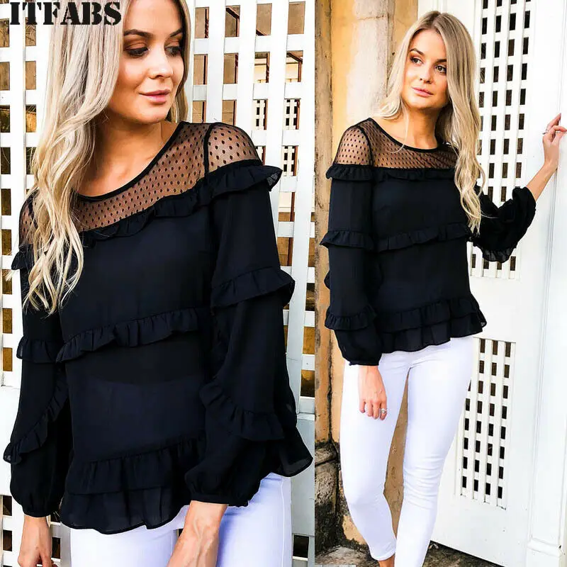 

Fashion Women's Ladies Summer Long Sleeve Shirt Loose Casual Off Shoulder Mesh Patchwork Ruffles Tops T-Shirt