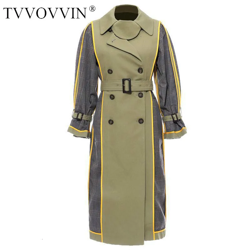 TVVOVVIN, Женский Тренч, длинный рукав, в клетку, сращенный, Женская ветровка, двубортный, Женское пальто, двухсторонний Тренч, B271