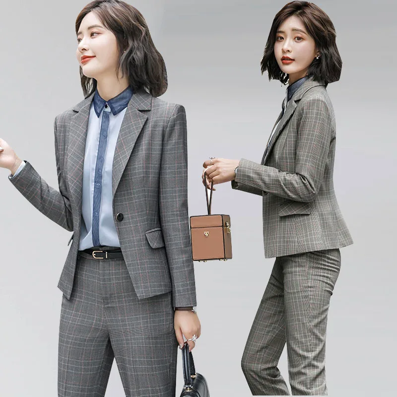 

Women Suits Office Lady Sets 2 Two Piece Sets OL Work Grid Elegant Fashion Blazer Jacket + Pant + Shirt Femme Plus Size S-5XL