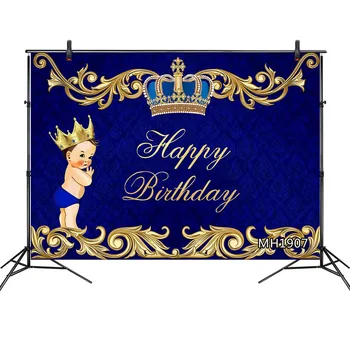 

Happy Birthday Backdrop Royal Boy Themed Little Prince Crown Birthday Background Party Photobooth Polyester Vinyl Banner