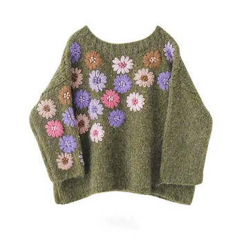 

Women 3D Flower Appliques Short Sweaters Thick Mohair Knitted Pullovers 2020 Winter Three-quarters Sleeve Loose Small Girl Tops