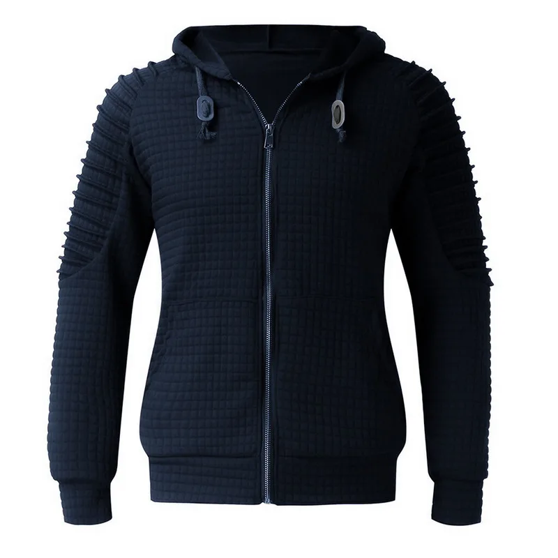 

PUIMENTIUA 2019 Autumn Winter Mens Solid Sweatshirts Full Zipper Grid Texture Long Sleeve Hooded Fleece Hoodies Sweatshirt