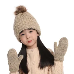 Winter Kids Hat Gloves Set Boy Girl Beanie Pompom Warm Autumn Skiing Thermal Accessory For Toddler Baby Outdoor