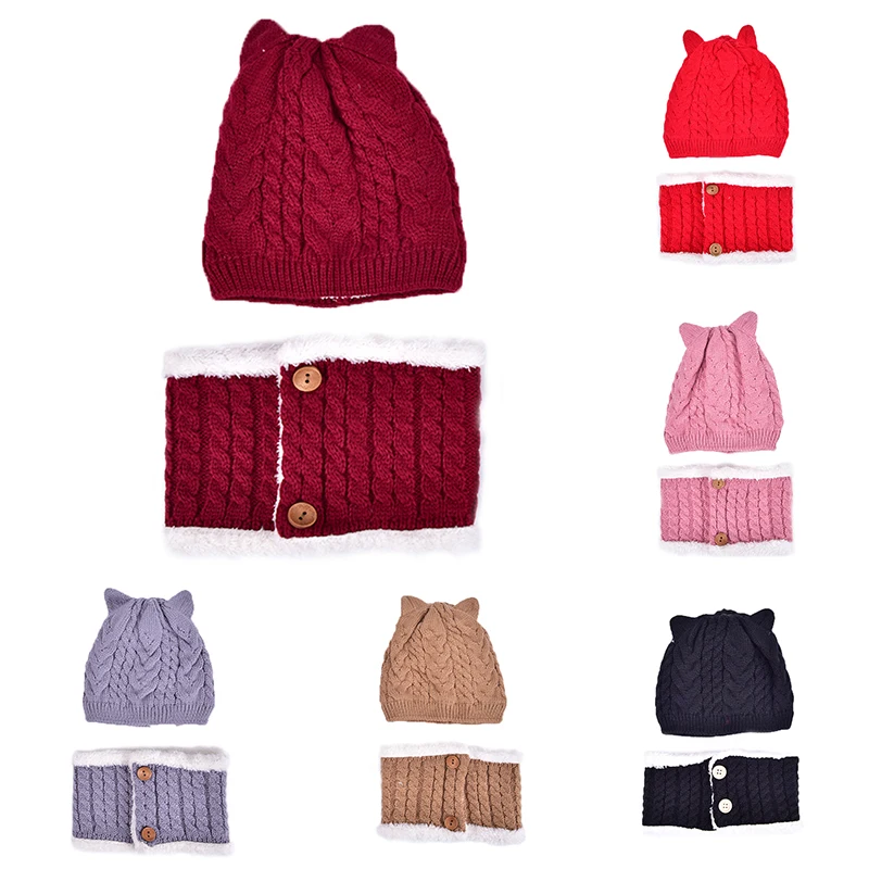 2 шт./компл. зима теплая шапка для младенца+ шарф, комплект вязаной одежды утолщенная для маленьких мальчиков и девочек шляпа с милыми ушками; однотонная Шапка-бини, Кепки подарки